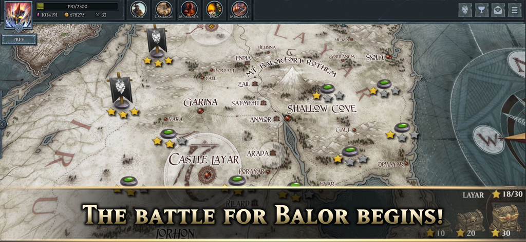 Shadow Era - Trading Card Game - Campaign map of Balor in Shadow Era trading card game showing various territories and the text the battle for balor begins