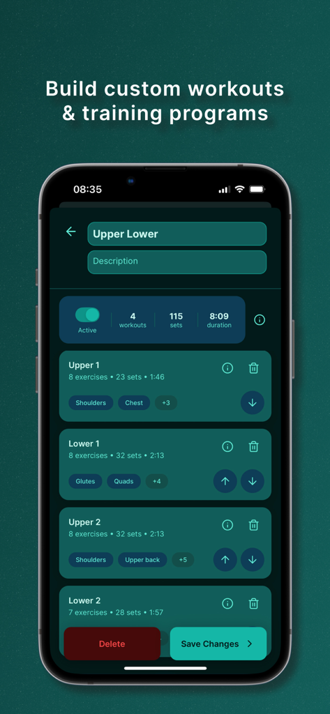 SetLog - A mobile interface of the SetLog app showing the creation of a custom upper lower body training program.