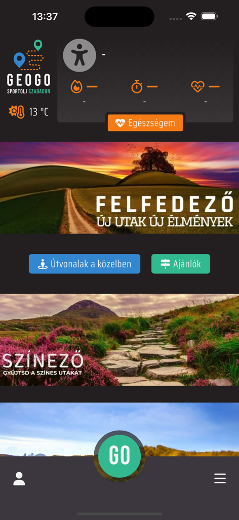 GeoGo - GeoGo mobile app home screen with health statistics and trail exploration options