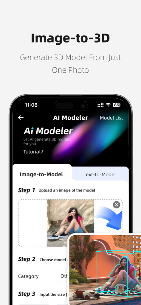 Homestyler-3D Home Decor - Interface de l'IA Modeler de Homestyler montrant la génération d'un modèle 3D à partir d'une seule photo