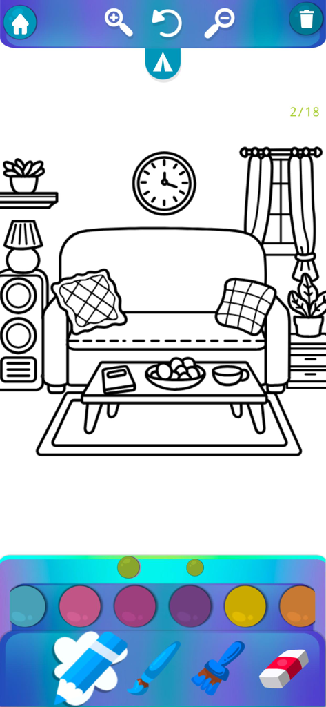 Cozy & Comfy Coloring Book - ソファ、コーヒーテーブル、家の装飾がある居心地の良いリビングルームのデジタル塗り絵
