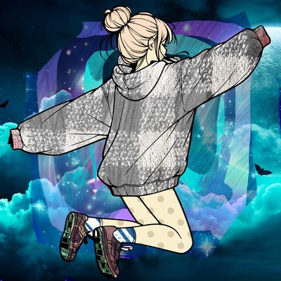 realistic girl jumping with a bun and oversized sweatshirt