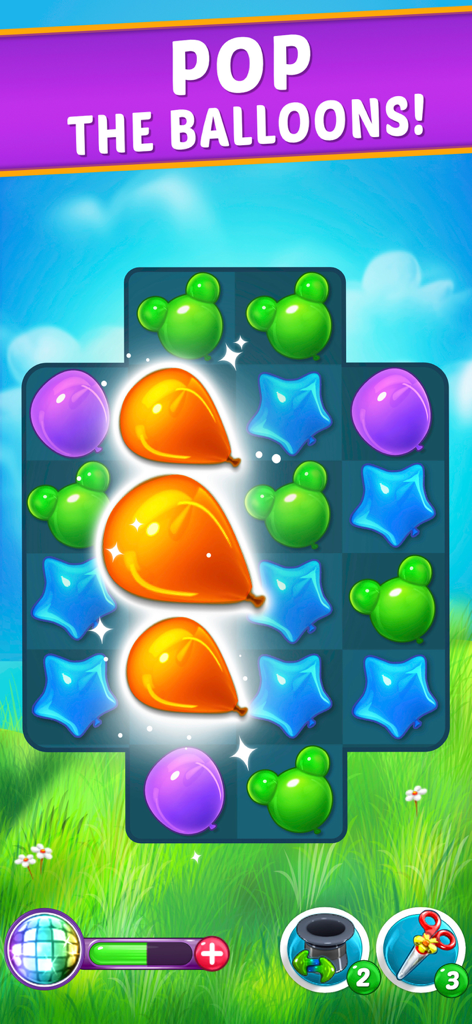 Colorful match 3 puzzle grid showing shiny balloons being popped in Balloon Paradise.
