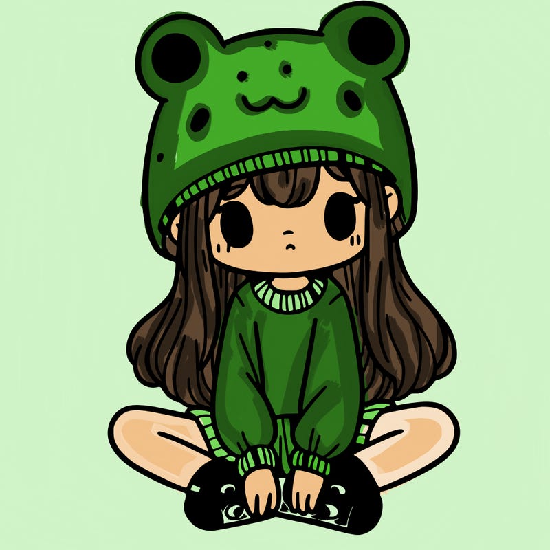 a girl wearing a frog hat and some frog socks