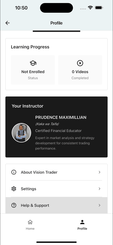 Vision Trader app profile screen showing learning progress and instructor biography