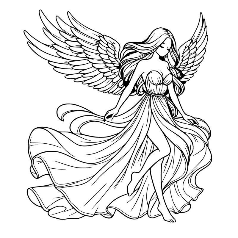 realistic woman with wings and with long flowy dress blowing in the wind