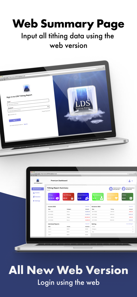LDS Tithing Report web dashboard and login screen shown on laptop mockups