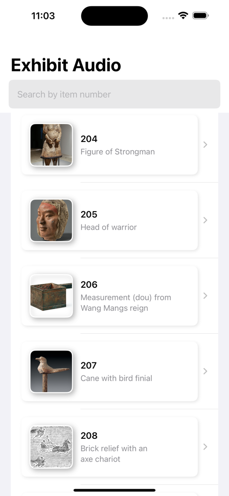 Met Tour Guide app interface showing a list of museum exhibit audio guides searchable by number