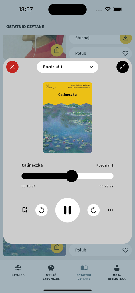 Audiobook player interface in the Wolne Lektury app playing the Polish version of Thumbelina.
