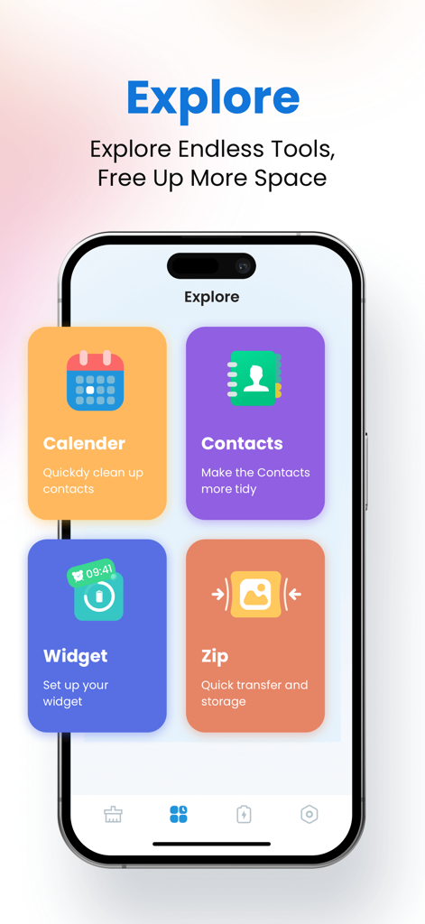 Mobile app interface showing cleaning tools for calendar contacts widgets and file compression to free up phone storage