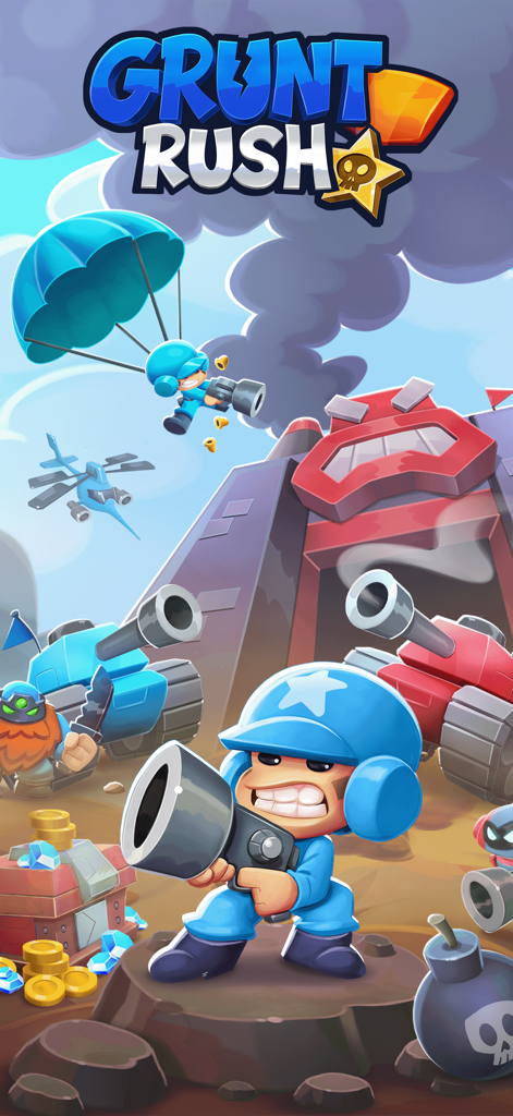 Grunt Rush: Battle & Conquer - Animated military battle illustration for Grunt Rush Battle and Conquer featuring blue soldiers and tanks