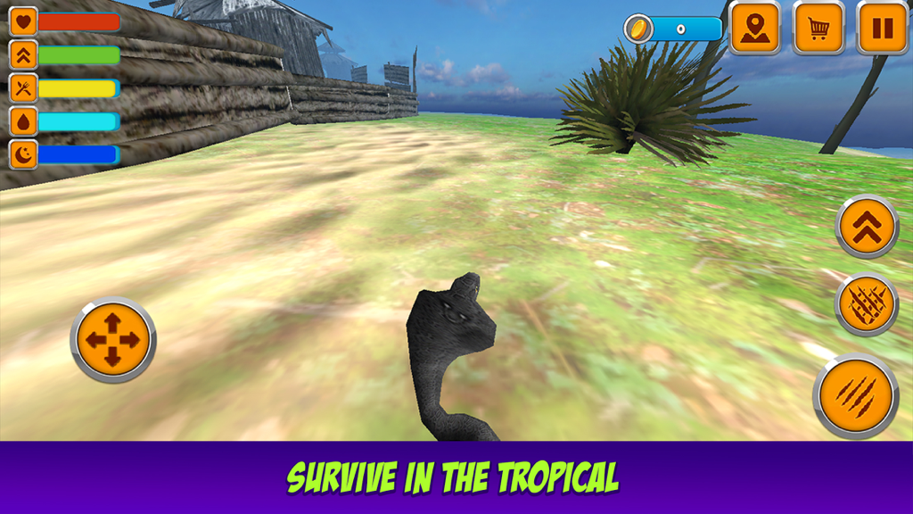King Cobra Snake Survival Simulator 3D - Gameplay screenshot of King Cobra Snake Survival Simulator 3D showing a snake in a tropical landscape with status bars and mobile game controls.