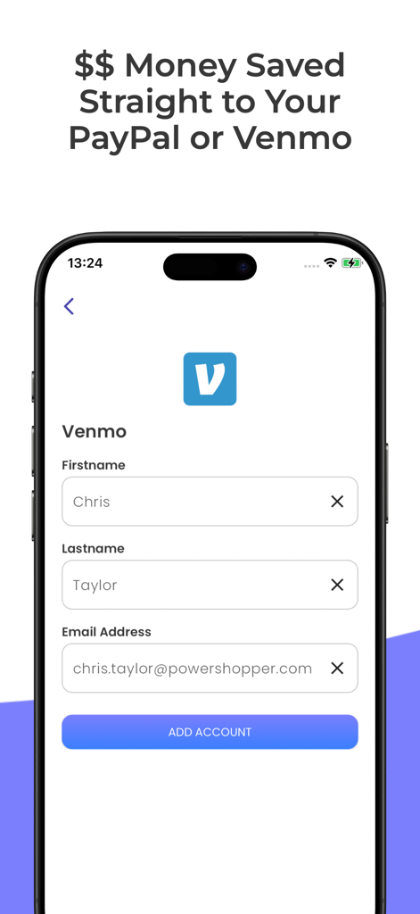 ScanLife PowerShopper app screen showing Venmo account setup for instant cashback rewards.