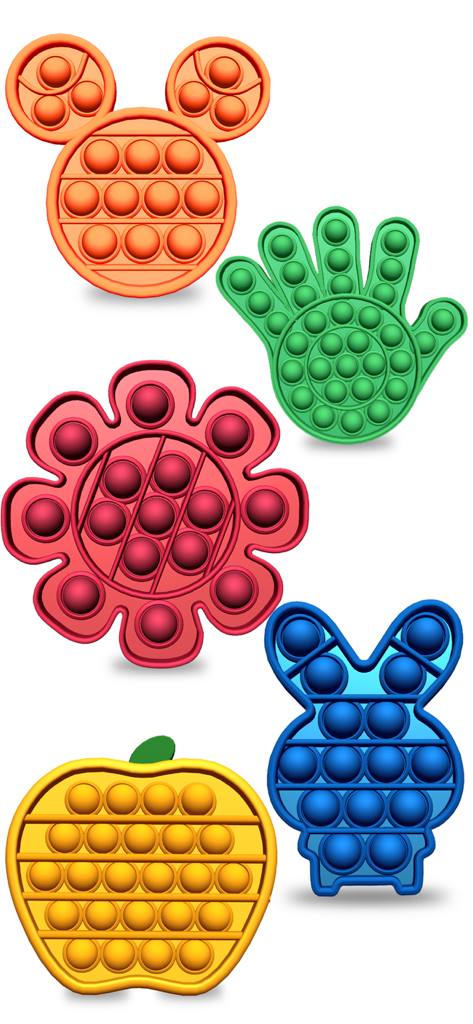A collection of colorful pop it fidget toys in various shapes like a hand flower and apple