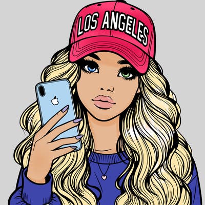 realistic beautiful girl wearing los ángeles cap holding an iphone