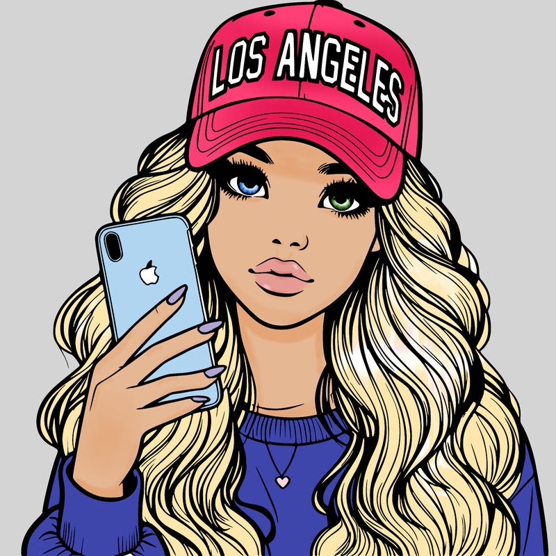realistic beautiful girl wearing los ángeles cap holding an iphone