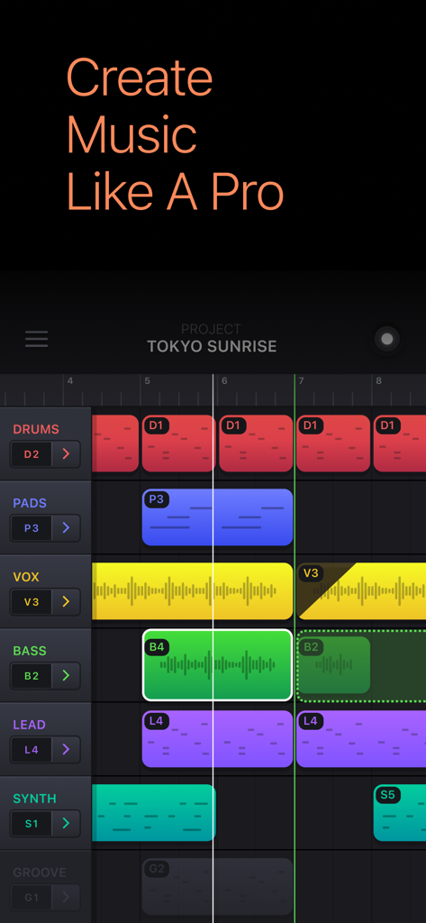 Interface of the Music Making Studio app showing a multi track mixer with colorful audio loops