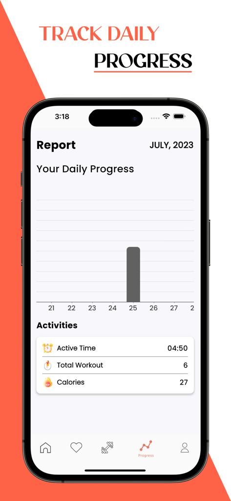 Home Workout No Equipments - Daily progress report screen of the FitLife home workout app showing fitness stats and activity chart