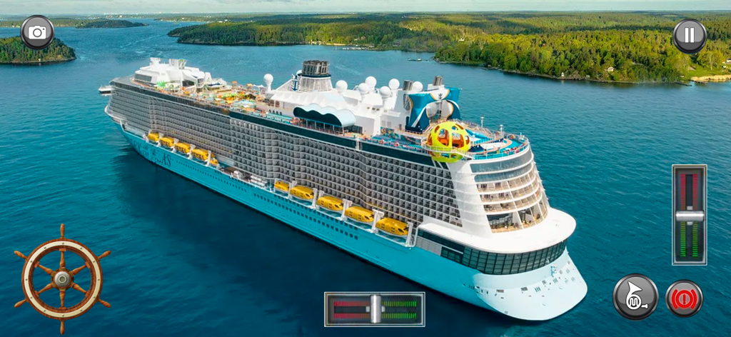 Un gran crucero navegando por el mar en el juego Ship Simulator con controles de dirección y velocidad visibles en la pantalla.