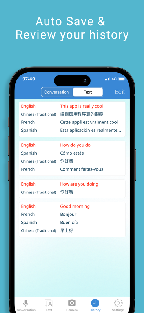Multi Translate Voice AI - A screenshot of the Multi Translate Voice AI app showing the translation history screen with various phrases translated into English, Chinese, French, and Spanish.