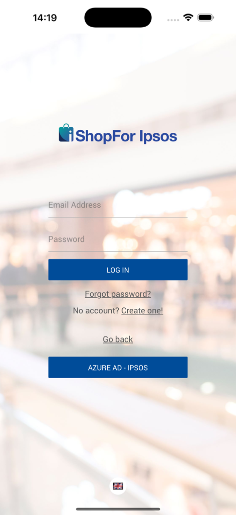 iShopFor Ipsos NEXT - Login screen of the iShopFor Ipsos mystery shopping application with email and password input fields