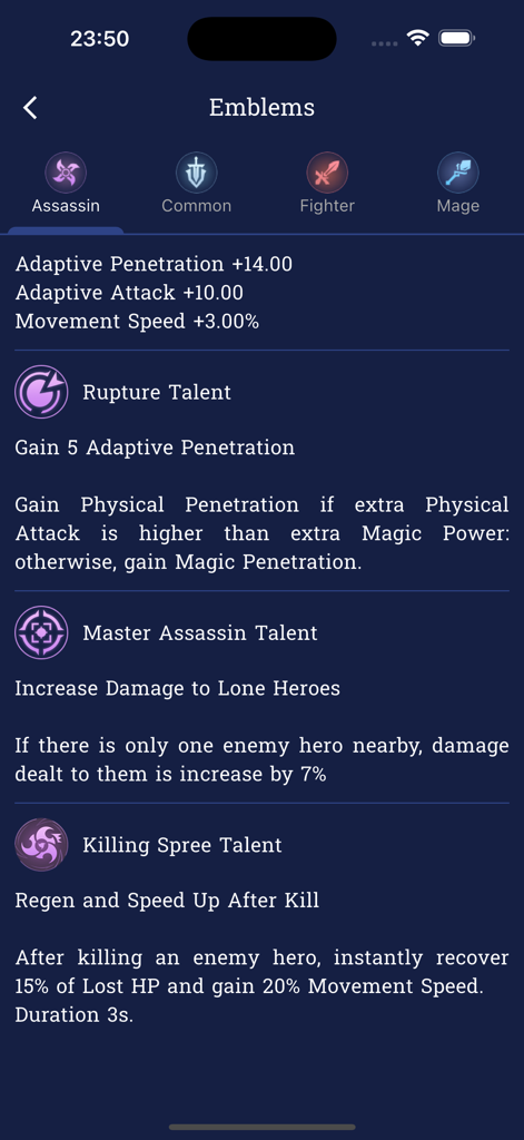 Nova Counter app screenshot showing detailed stats and talents for the Assassin emblem in Mobile Legends