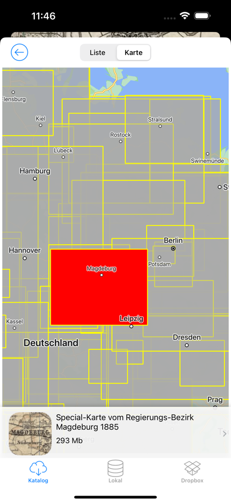 Vetus Maps - Vetus Maps app screen showing a catalog of historical maps for regions in Germany