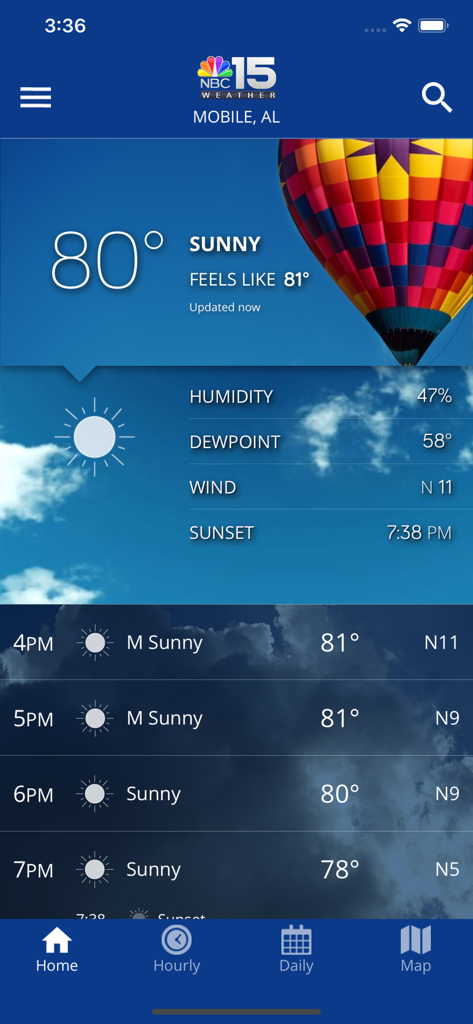 NBC 15 Weather - NBC 15 Weather app home screen showing sunny conditions and hourly forecast for Mobile Alabama