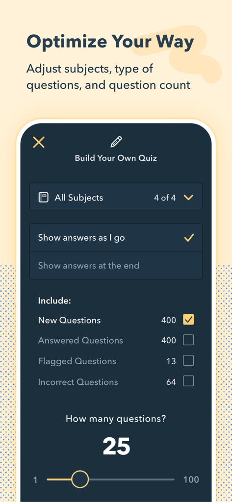 Interface of the Build Your Own Quiz feature allowing users to customize subjects question types and exam length