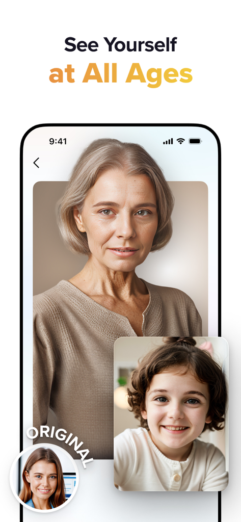 Fancy AI: AI Logo&Avatar Maker - A mobile app interface displaying AI-generated photos of a woman at different ages from child to elderly using a time machine feature.