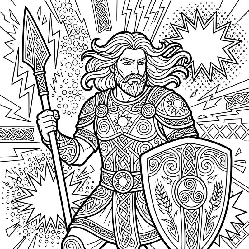 Journey into Celtic mythology with this stunning Pop Art coloring page featuring the god Lugh. This intricate design is perfect for adult colorists looking for a challenging and rewarding creative escape.