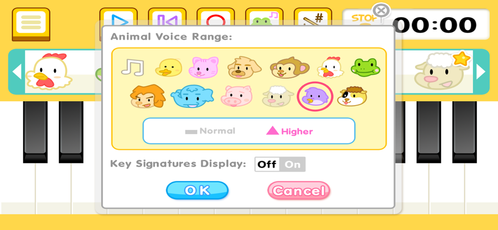 Menu de sélection de voix d'animaux de l'application Animal Piano Mix montrant une sélection d'icônes d'animaux pour les sons musicaux et les réglages de hauteur