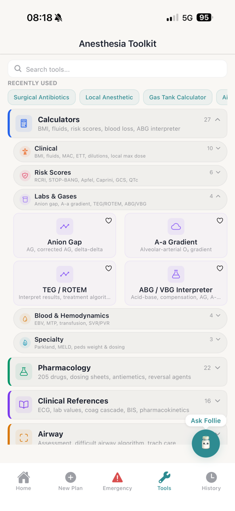 Follie - Anesthesia Assistant - Interface of the Follie app showing the anesthesia toolkit with clinical calculators pharmacology and airway reference categories