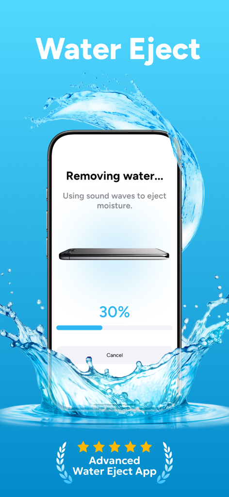 Water Eject  • Speaker Cleaner - iPhone interface showing a thirty percent progress bar for removing water using sound waves amidst a water splash