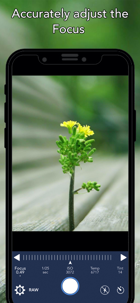 RAW Shoot - RAW Shoot app displaying manual focus control for macro photography of a flower on an iPhone