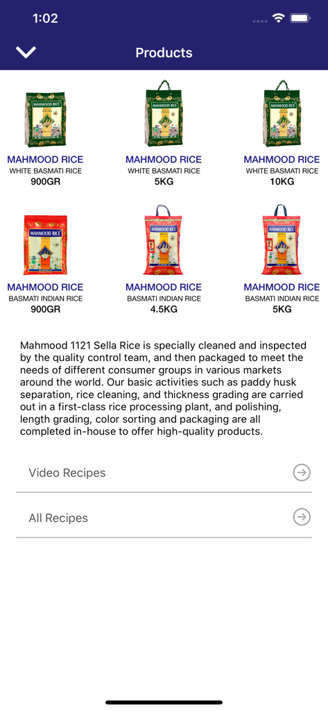 Mahmood Rice - Pantalla de productos de la app Mahmood Rice mostrando varios tamaños de bolsas de arroz Basmati e indio.