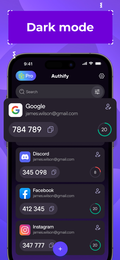 2FAuthify - Authenticator app - Captura de pantalla de la aplicación de autenticación 2FAuthify mostrando el modo oscuro y los códigos de cuenta