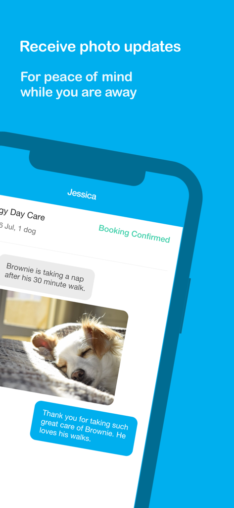 Pawshake - Dog & Pet Sitter - Pawshake app interface showing a pet sitter sending a photo of a sleeping dog to the owner with a text message update.