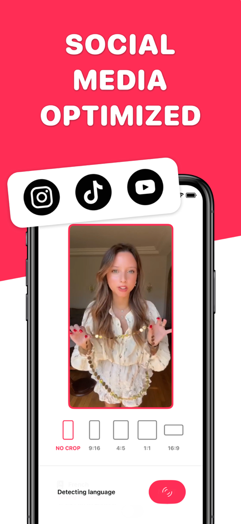 Auto Caption Video Subtitles - Oberfläche, die Optionen für das Zuschneiden von Videos für Instagram TikTok und YouTube-Plattformen für soziale Medien zeigt