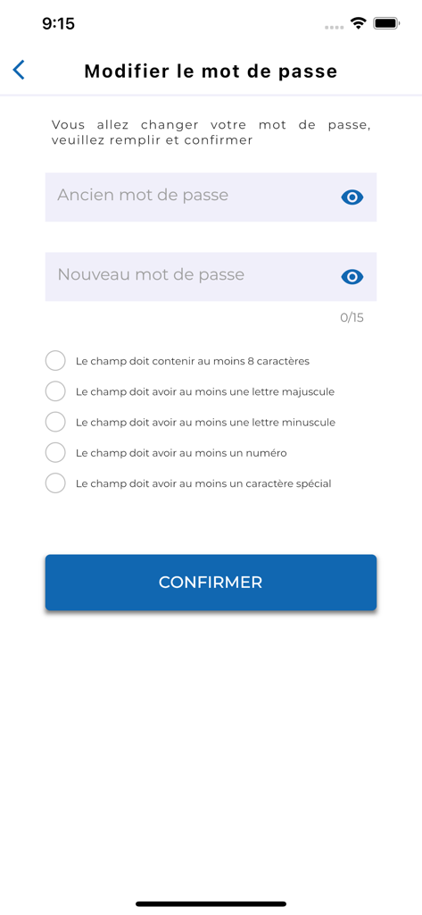 Tela do aplicativo Cash-Me para alterar a senha do usuário com requisitos de segurança
