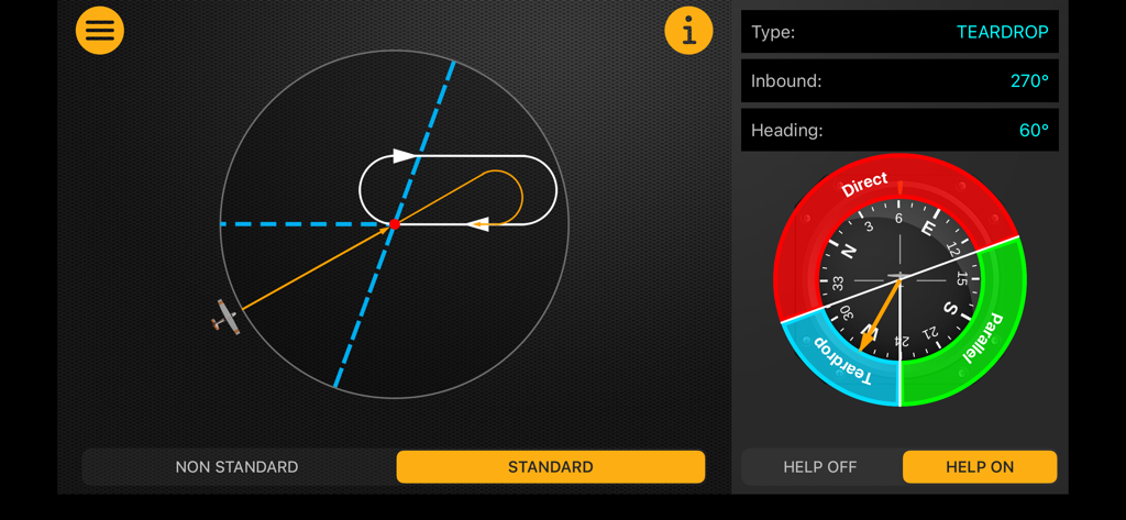 IFR Holding Pattern Trainer - IFR Holding Pattern Trainer app interface showing a teardrop entry diagram and a compass sector guide for pilots.