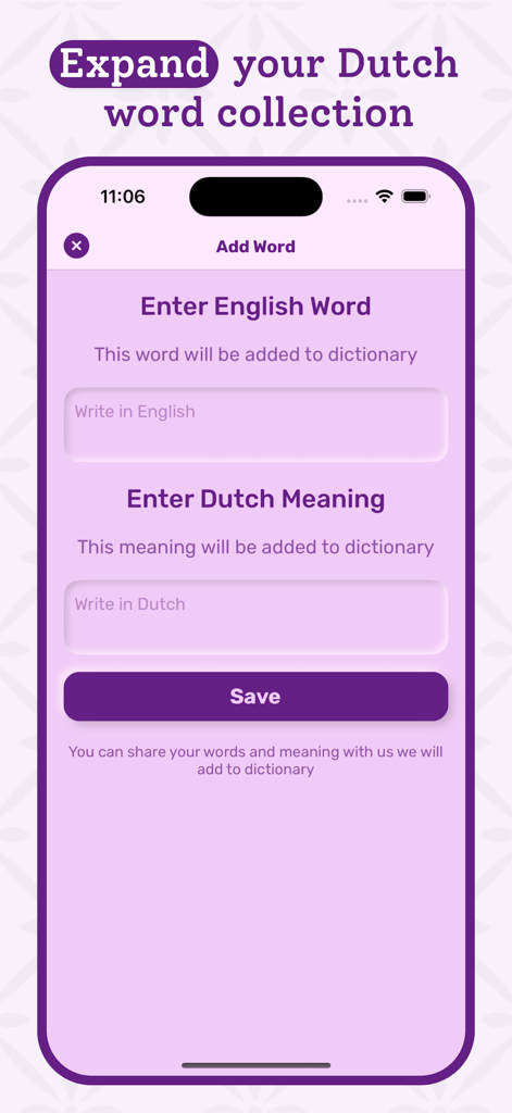 Dutch | Dutch Dictionary - Interface of the Dutch dictionary app showing the screen to add new English words and their Dutch meanings to the database.