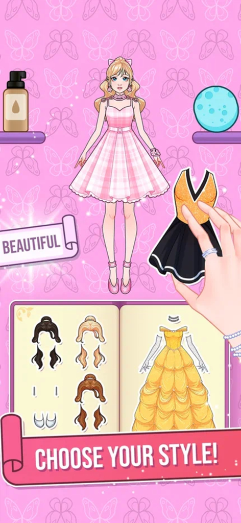 A digital paper doll interface showing various outfits and hairstyles with a hand dragging a new dress onto the character.