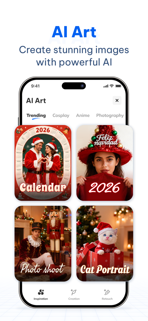 Interfaz de la aplicación Seekee que muestra funciones de generación de arte IA, incluyendo calendarios festivos y retratos de mascotas.