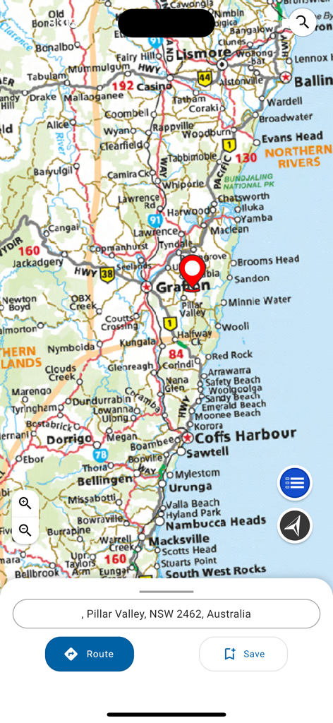 Aus Map - Mobile screenshot of Aus Map featuring a detailed street directory of New South Wales with a pin on Grafton