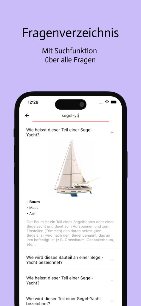 Bootsprüfung Schweiz 2025 - 2025 스위스 보트 시험 앱에서 범선 질문과 다이어그램을 보여주는 검색 인터페이스