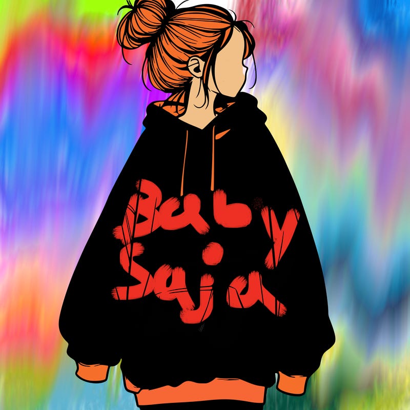 realistic girl with a oversized sweatshirt on and a bun