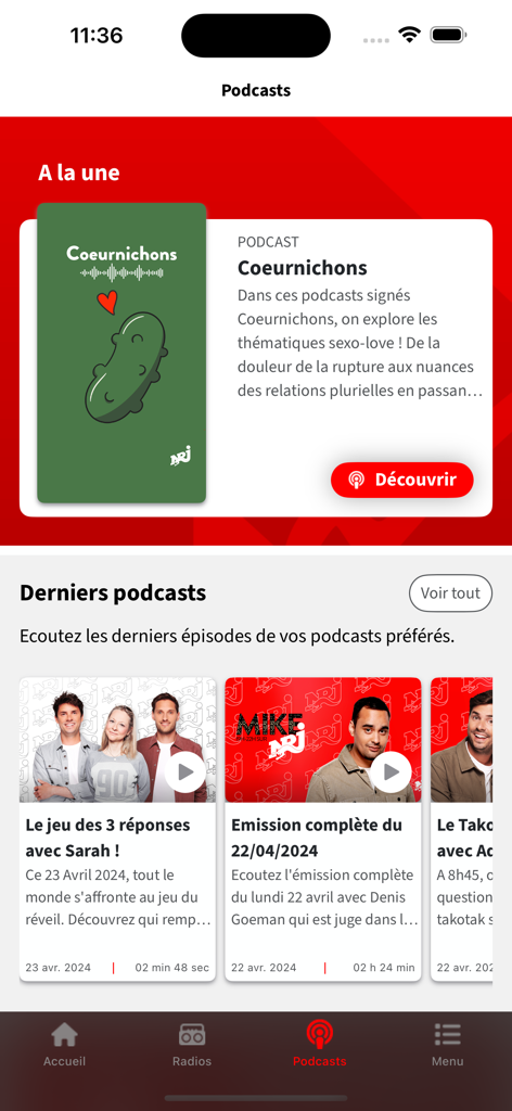 NRJ Belgique - NRJベルギーの様々なフランス語ポッドキャストを表示するモバイルアプリ画面。