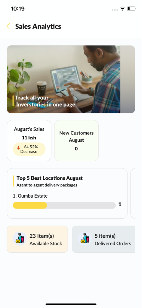 Pickup Mtaani - Pantalla de analítica de ventas en la aplicación Pickup Mtaani que muestra métricas de rendimiento del negocio, incluyendo ventas mensuales y niveles de stock.