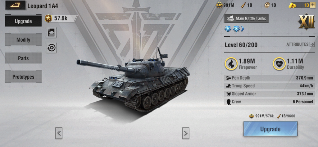 Warpath: Ace Shooter - Schermata di Warpath Ace Shooter per l'aggiornamento e la personalizzazione di un carro armato principale Leopard 1A4.